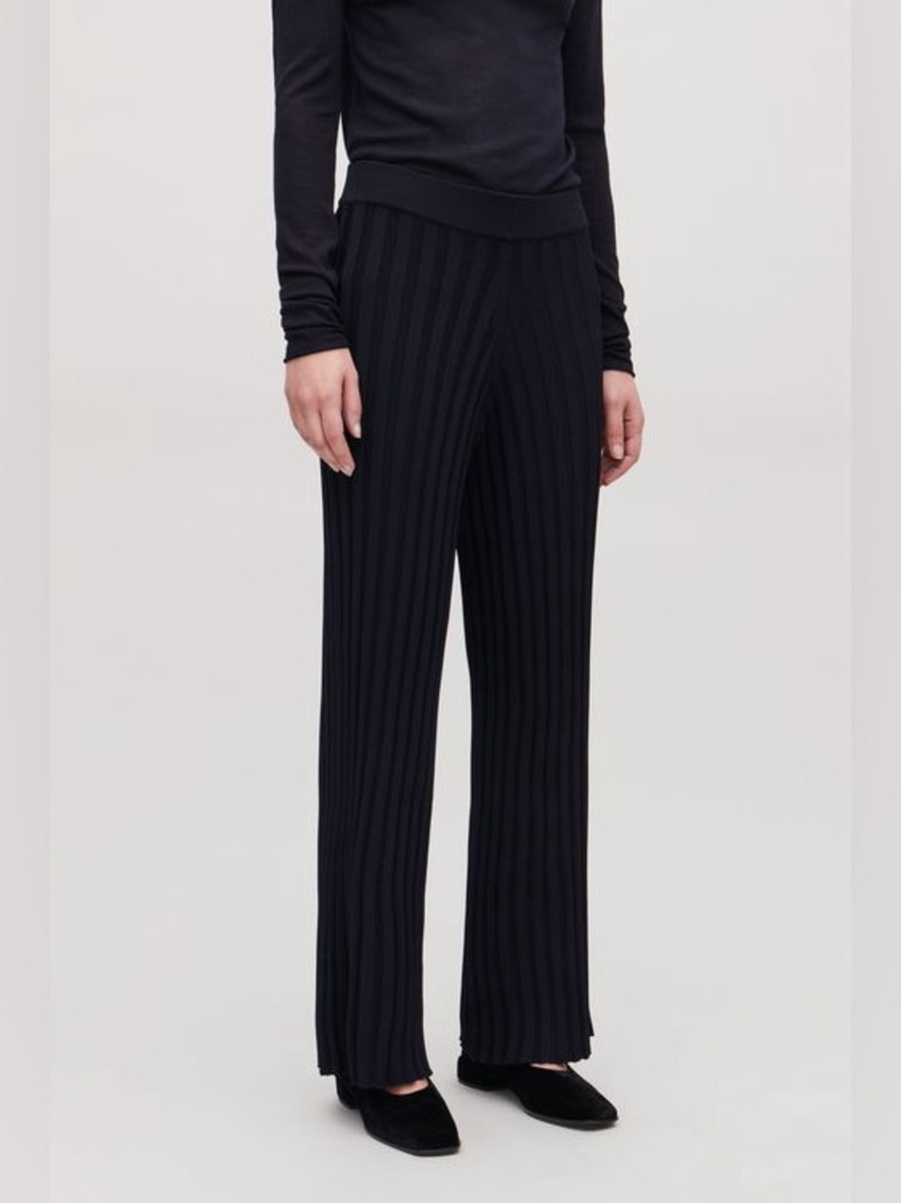 COS Ribbed Cotton Trousers Thick Knit Straight Leg Stretch Pull-On Navy Blue